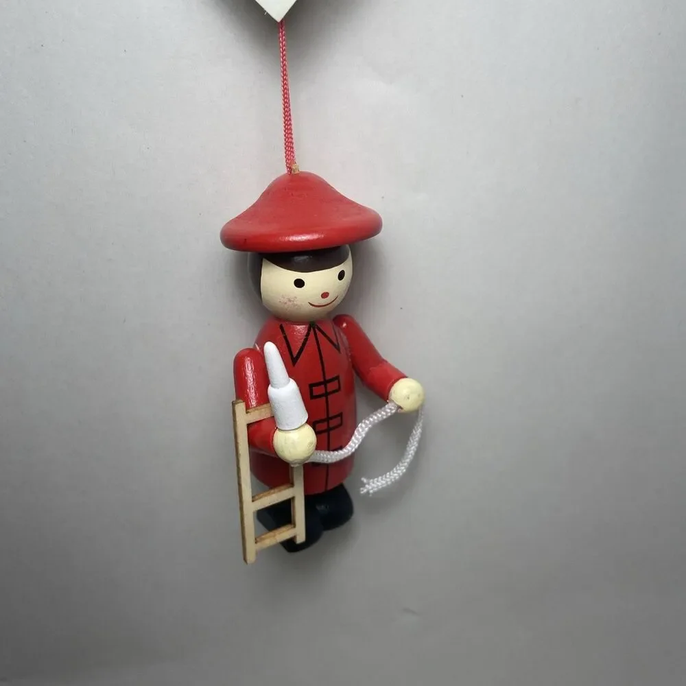 Midwest  Wooden Red Firefighter With Ladder and Hose Christmas Ornament  NWT